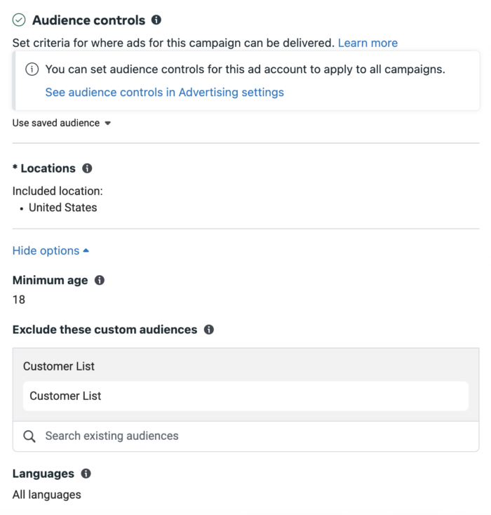 Advantage+ Audience Audience Controls